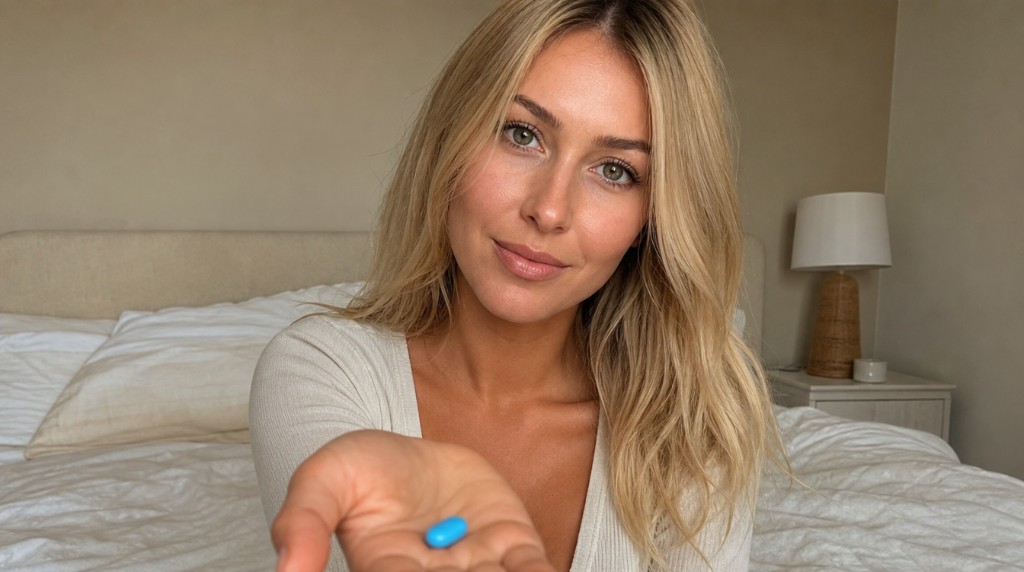Frau hält eine blaue Tablette auf der Handfläche